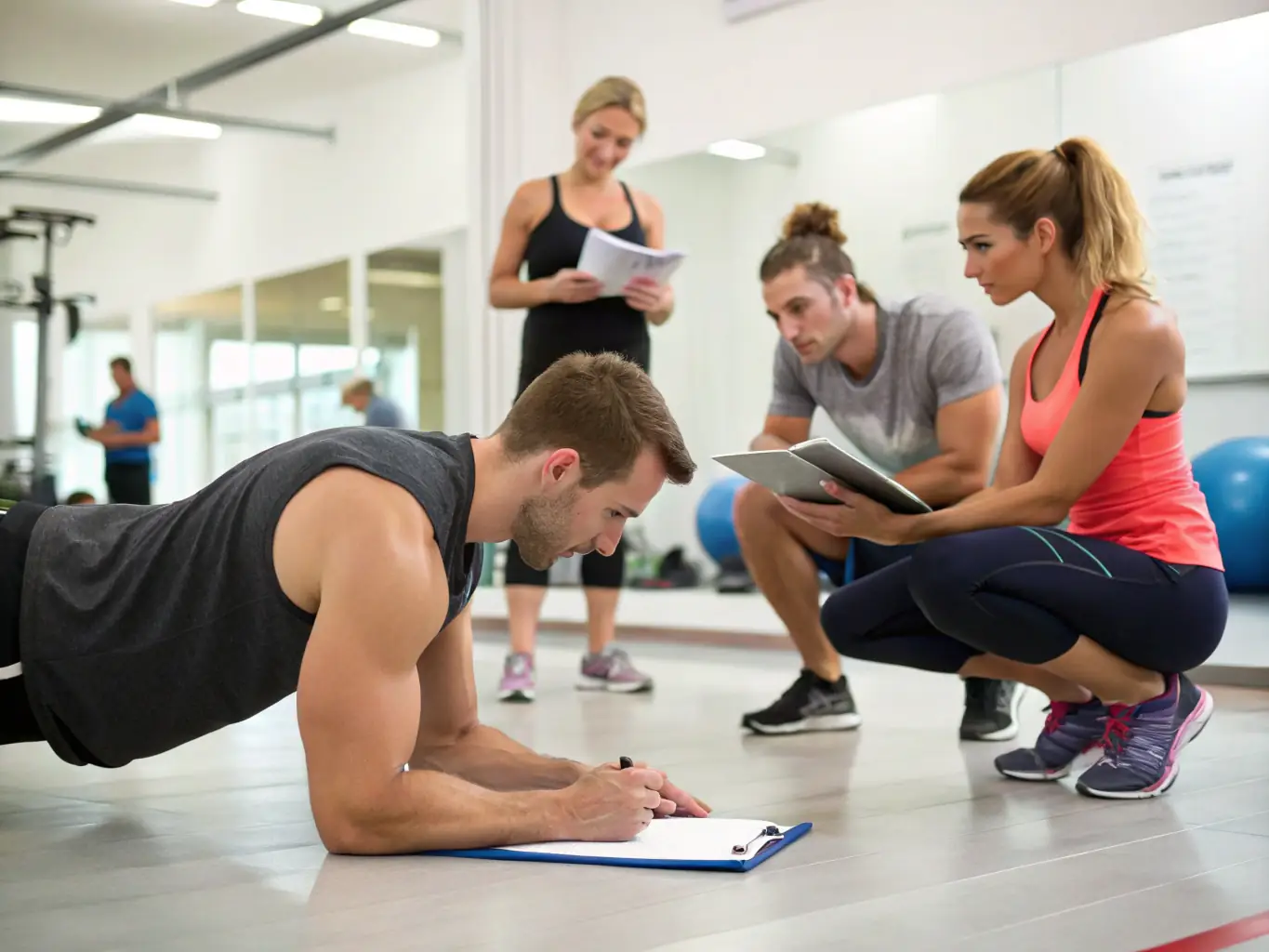 A picture of a diverse group of adults receiving guidance from a certified fitness instructor during a gymnastics session, emphasizing the personalized support provided by CD22 SPORTS POUR TOU COMITE DEPARTEMENTAL.