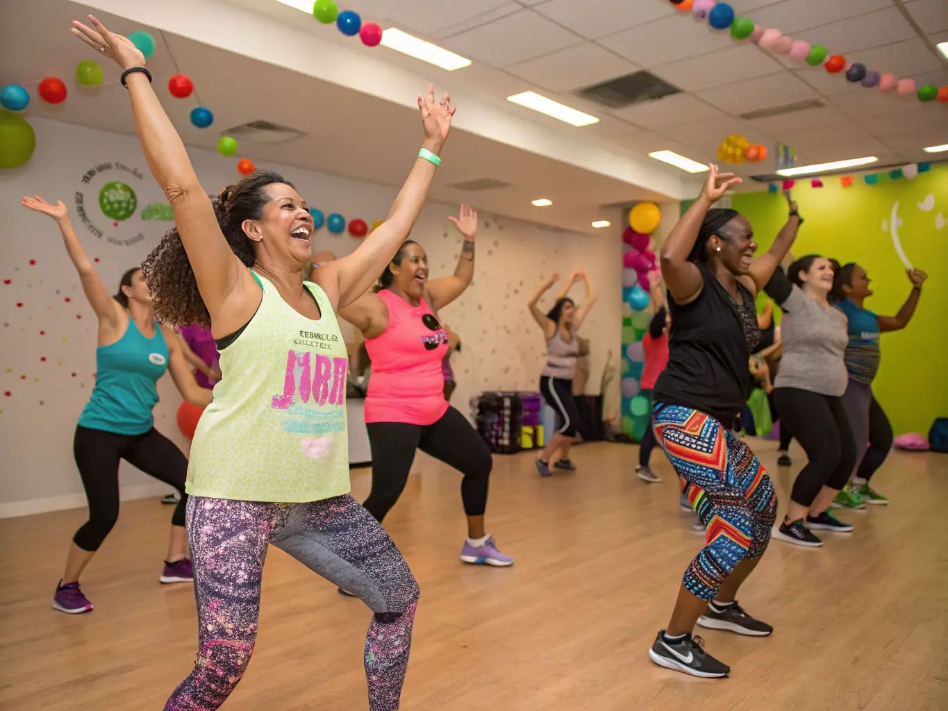 A dynamic shot of participants engaged in a Zumba class, moving to the music with energy and enthusiasm in a spacious studio.