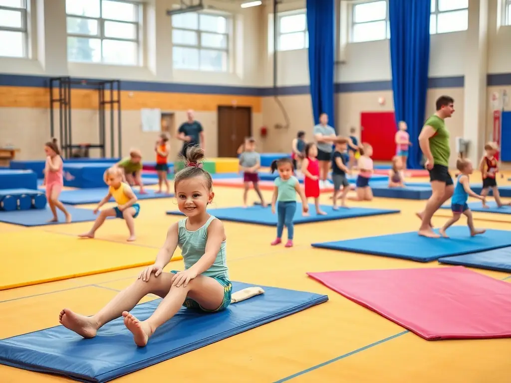 An image of diverse adults participating in a fitness class, engaging in gymnastics exercises in a bright, welcoming gym environment.
