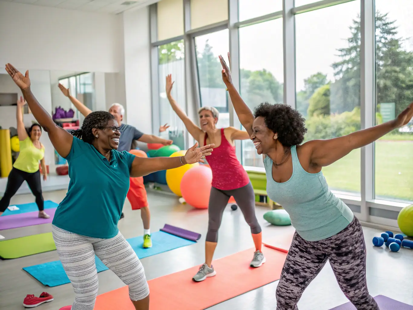 An image of a group of smiling adults participating in a gentle stretching exercise during an adult fitness gymnastics class, set in a well-lit and supportive community center.